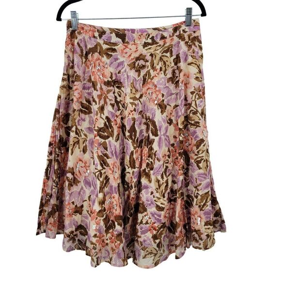 Y2K Floral Midi Skirt 8 Cotton Pink Brown Asymmetrical Sequin Details Boho India - Picture 8 of 15